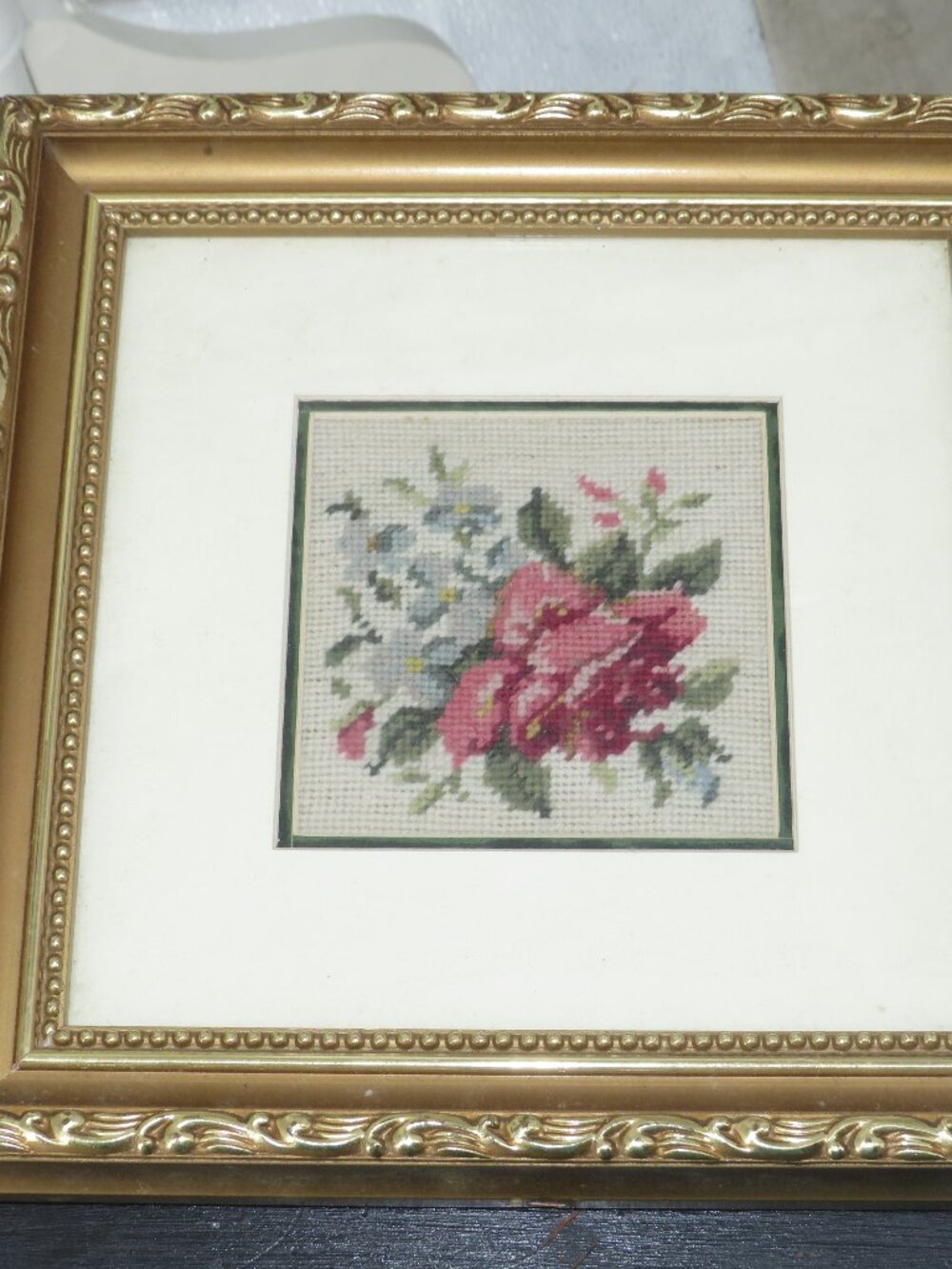 Vintage Floral Needlepoint Framed Wall Art Gold Pink Green Square 11x11 Handmade